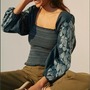 Anthropologie Teal Embroidered Smocked Blouse Size L